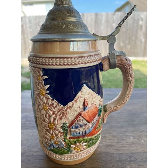 Vintage German Beer Stein Handmade Handpainted Pewter Lid Ramstein Pfalz Town - Picture 5 of 15